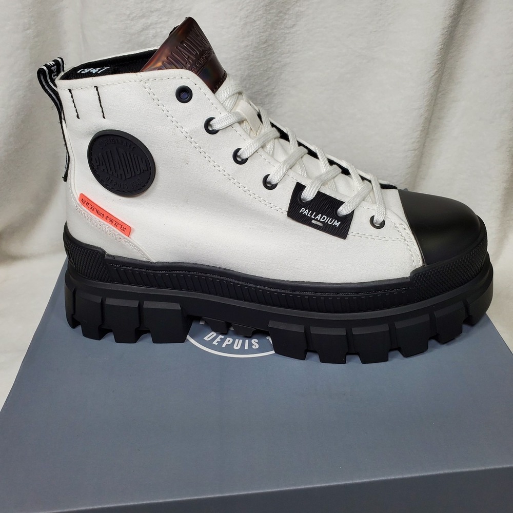 Palladium White and Black Platform Ankle Boots with Orange Accent